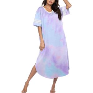 imageEkouaer Long Nightgown Womens V Neck Loungewear Oversized Sleepwear Loose Sleep Dress S4XLPurple Tie Dye