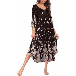 imageEkouaer Long Nightgown for Women 34 Sleeves Nightshirt Maxi Sleep Dress Plus Size Loungewear Full Length SleepwearBlack Begonia Flowers