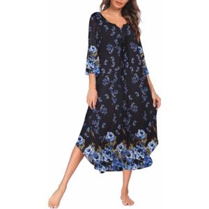 imageEkouaer Long Nightgown for Women 34 Sleeves Nightshirt Maxi Sleep Dress Plus Size Loungewear Full Length SleepwearBlack Blue Floral