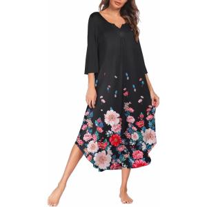 imageEkouaer Long Nightgown for Women 34 Sleeves Nightshirt Maxi Sleep Dress Plus Size Loungewear Full Length SleepwearBlack Little Flowers