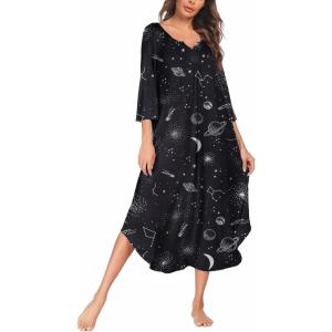 imageEkouaer Long Nightgown for Women 34 Sleeves Nightshirt Maxi Sleep Dress Plus Size Loungewear Full Length SleepwearBlack Star