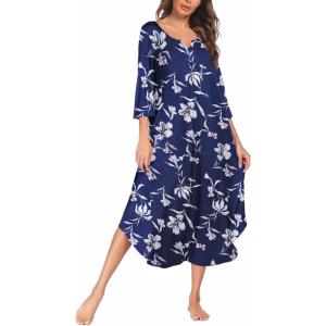 imageEkouaer Long Nightgown for Women 34 Sleeves Nightshirt Maxi Sleep Dress Plus Size Loungewear Full Length SleepwearBlue Floral