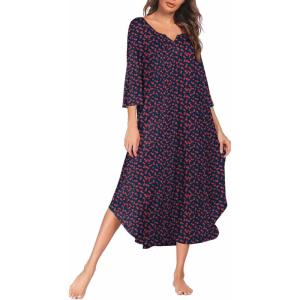 imageEkouaer Long Nightgown for Women 34 Sleeves Nightshirt Maxi Sleep Dress Plus Size Loungewear Full Length SleepwearBlue Red Floral