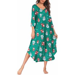 imageEkouaer Long Nightgown for Women 34 Sleeves Nightshirt Maxi Sleep Dress Plus Size Loungewear Full Length SleepwearChristmas Green