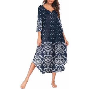 imageEkouaer Long Nightgown for Women 34 Sleeves Nightshirt Maxi Sleep Dress Plus Size Loungewear Full Length SleepwearFloral Blue