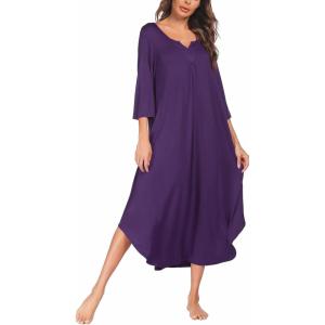 imageEkouaer Long Nightgown for Women 34 Sleeves Nightshirt Maxi Sleep Dress Plus Size Loungewear Full Length SleepwearPurple