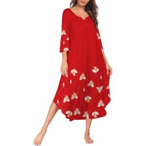 imageEkouaer Long Nightgown for Women 34 Sleeves Nightshirt Maxi Sleep Dress Plus Size Loungewear Full Length SleepwearRed Flower