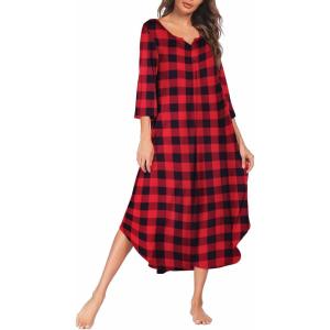 imageEkouaer Long Nightgown for Women 34 Sleeves Nightshirt Maxi Sleep Dress Plus Size Loungewear Full Length SleepwearRed Plaid