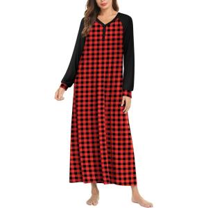 imageEkouaer Nightgown Long Sleeve for Women Sleepwear V Neck Loungewear Button Full Length NightshirtAred  Black Plaid