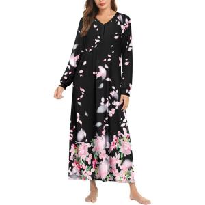 imageEkouaer Nightgown Long Sleeve for Women Sleepwear V Neck Loungewear Button Full Length NightshirtBegonia Flowers