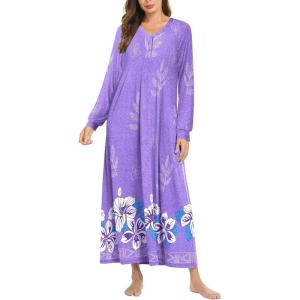 imageEkouaer Nightgown Long Sleeve for Women Sleepwear V Neck Loungewear Button Full Length NightshirtPurple Floral