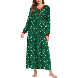 imageEkouaer Nightgown Long Sleeve for Women Sleepwear V Neck Loungewear Button Full Length NightshirtXmas Print