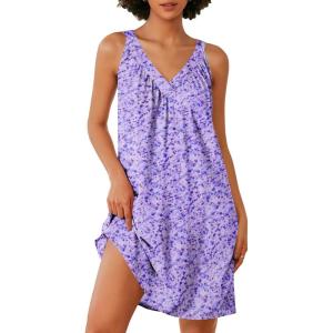 imageEkouaer Nightgown for Women Sleeveless Sleepwear Lightweight Racerback Sleep Shirt Pleated V Neck Night Dress Short ChemiseBlue White Spots