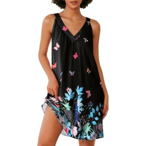 imageEkouaer Nightgown for Women Sleeveless Sleepwear Lightweight Racerback Sleep Shirt Pleated V Neck Night Dress Short ChemiseButtfly Print