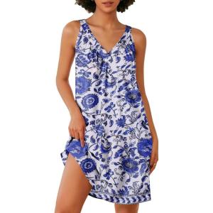 imageEkouaer Nightgown for Women Sleeveless Sleepwear Lightweight Racerback Sleep Shirt Pleated V Neck Night Dress Short ChemiseFlower Print