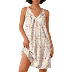 imageEkouaer Nightgown for Women Sleeveless Sleepwear Lightweight Racerback Sleep Shirt Pleated V Neck Night Dress Short ChemiseLeaf Print