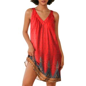 imageEkouaer Nightgown for Women Sleeveless Sleepwear Lightweight Racerback Sleep Shirt Pleated V Neck Night Dress Short ChemiseRed Boho Print