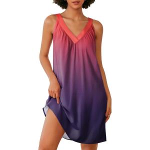 imageEkouaer Nightgown for Women Sleeveless Sleepwear Lightweight Racerback Sleep Shirt Pleated V Neck Night Dress Short ChemiseTie Dye Red  Purple