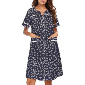 imageEkouaer Sleepwear Womens Snap Front Nightgown Housecoat Cotton Duster Short Sleeve House DressBlack Flower