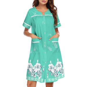 imageEkouaer Sleepwear Womens Snap Front Nightgown Housecoat Cotton Duster Short Sleeve House DressGreen Flower