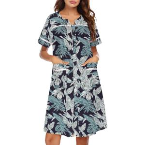 imageEkouaer Sleepwear Womens Snap Front Nightgown Housecoat Cotton Duster Short Sleeve House DressGreen Leaf