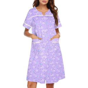 imageEkouaer Sleepwear Womens Snap Front Nightgown Housecoat Cotton Duster Short Sleeve House DressPurple Floral