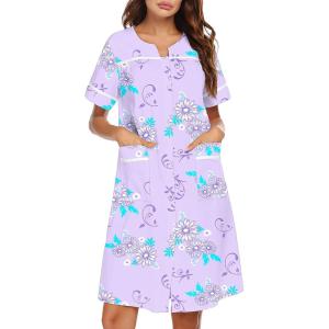 imageEkouaer Sleepwear Womens Snap Front Nightgown Housecoat Cotton Duster Short Sleeve House DressPurple Flower