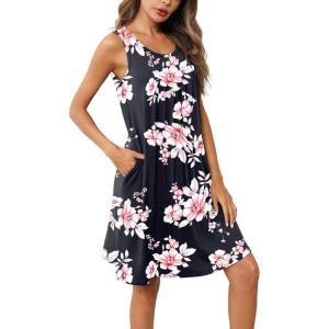 imageEkouaer Women Nightgown with Pockets Sleep Shirts Sleeveless Sleepwear Pleated Front Nightshirt Round Neck NightdressBlack Pink Flower