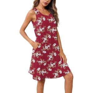 imageEkouaer Women Nightgown with Pockets Sleep Shirts Sleeveless Sleepwear Pleated Front Nightshirt Round Neck NightdressWine Red White Flower