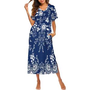 imageEkouaer Womens Full Length Short Sleeve NightgownBlue Ethnic Flower