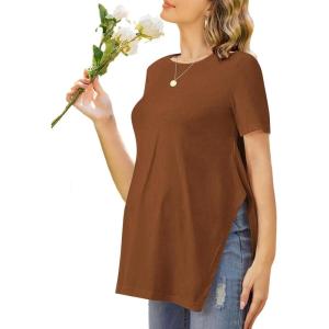 imageEkouaer Womens Maternity Shirts Short Sleeve Pregnancy Tops Blouses Split Side Casual Crewneck Pregnant Tunic TeeBrown