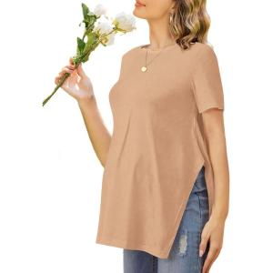 imageEkouaer Womens Maternity Shirts Short Sleeve Pregnancy Tops Blouses Split Side Casual Crewneck Pregnant Tunic TeeKhaki