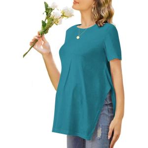 imageEkouaer Womens Maternity Shirts Short Sleeve Pregnancy Tops Blouses Split Side Casual Crewneck Pregnant Tunic TeeTeal