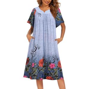 imageEkouaer Womens Nightgown Short Sleeve House Dress with PocketsFloral Print Mumu DressFloral Light Blue