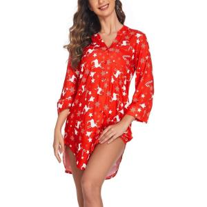 imageEkouaer Womens Nightgown V Neck Striped Button Down Sleepwear 34 Sleeves Nightshirts Soft Button Sleep Dress SXXLChristmas Red