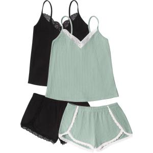 imageEkouaer Womens Pajama Sets Soft Lingerie Sleepwear 2 Piece Cami Shorts Set V Neck Pj Lace NightwearBlack  Green