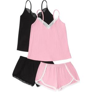 imageEkouaer Womens Pajama Sets Soft Lingerie Sleepwear 2 Piece Cami Shorts Set V Neck Pj Lace NightwearBlack  Pink