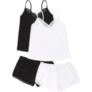 imageEkouaer Womens Pajama Sets Soft Lingerie Sleepwear 2 Piece Cami Shorts Set V Neck Pj Lace NightwearBlack  White