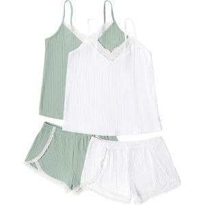 imageEkouaer Womens Pajama Sets Soft Lingerie Sleepwear 2 Piece Cami Shorts Set V Neck Pj Lace NightwearWhite  Green