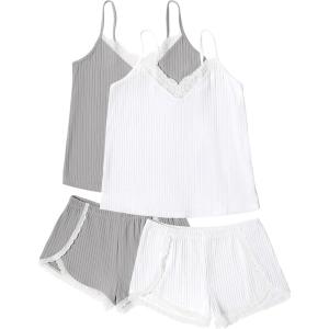 imageEkouaer Womens Pajama Sets Soft Lingerie Sleepwear 2 Piece Cami Shorts Set V Neck Pj Lace NightwearWhite  Grey