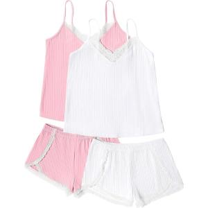 imageEkouaer Womens Pajama Sets Soft Lingerie Sleepwear 2 Piece Cami Shorts Set V Neck Pj Lace NightwearWhite  Pink