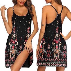 imageEkouaer Womens Racerback Sleeveless NightgownBlack Ethnic Flora