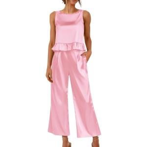 imageEkouaer Womens Satin Pajamas Set 2 Piece Silk Outfits Sleeveless Tank Crop Wide Leg Pants Sleepwear with PocketsPink