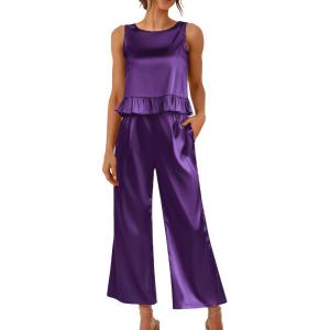 imageEkouaer Womens Satin Pajamas Set 2 Piece Silk Outfits Sleeveless Tank Crop Wide Leg Pants Sleepwear with PocketsPurple