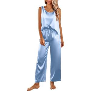 imageEkouaer Womens Satin Pajamas Set Back Split Top and Long Pant Silk Pj Set Tank Sleepwear SXXLLight Blue