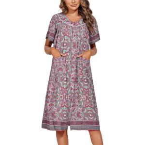 imageEkouaer Womens Short Sleeve House Dress Floral Mumu Dress Duster Housecoat Button Down Nightgown with PocketsFloral Deep Red