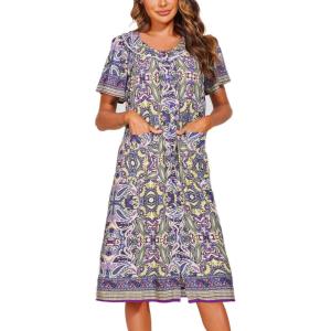 imageEkouaer Womens Short Sleeve House Dress Floral Mumu Dress Duster Housecoat Button Down Nightgown with PocketsFloral Purple