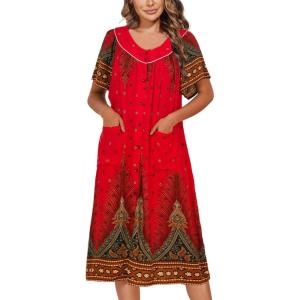 imageEkouaer Womens Short Sleeve House Dress Floral Mumu Dress Duster Housecoat Button Down Nightgown with PocketsFloral Red