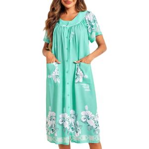imageEkouaer Womens Short Sleeve House Dress Floral Mumu Dress Duster Housecoat Button Down Nightgown with PocketsGreen Flower