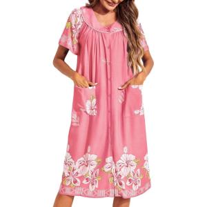 imageEkouaer Womens Short Sleeve House Dress Floral Mumu Dress Duster Housecoat Button Down Nightgown with PocketsPink Flower